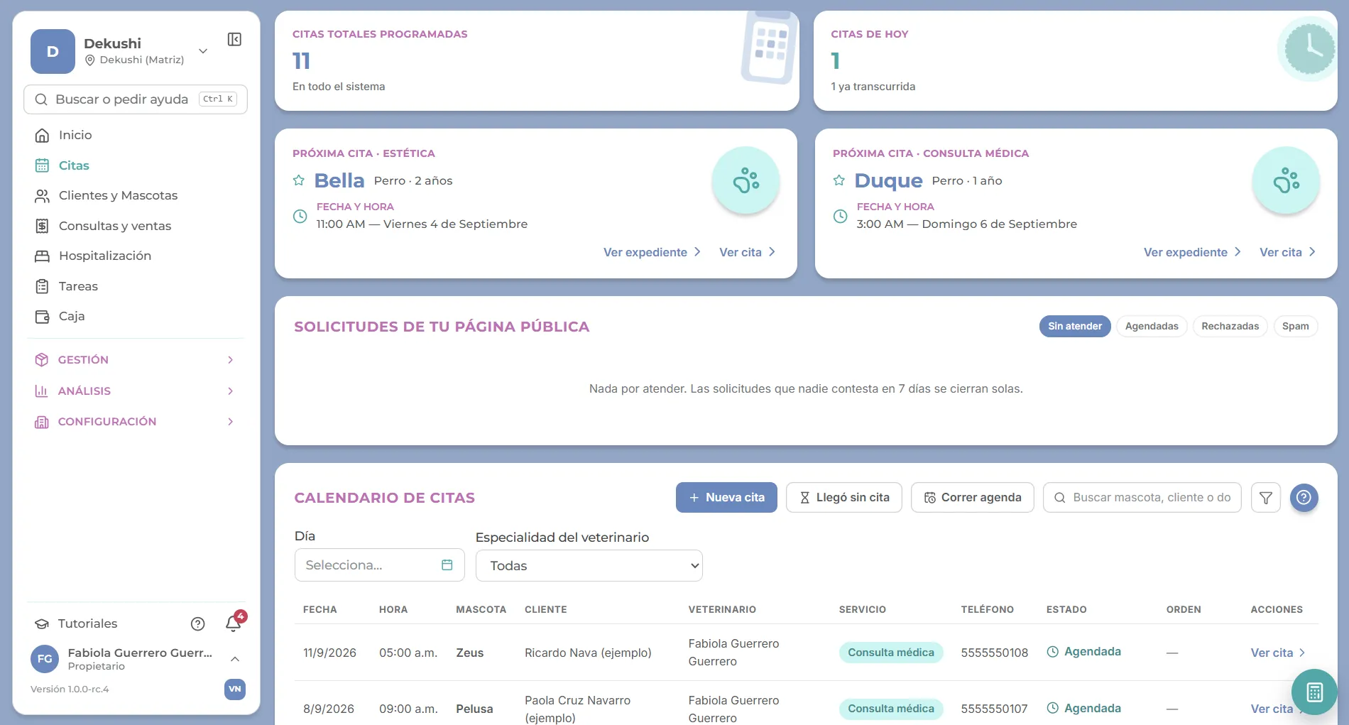 Pantalla de citas de VetNova: calendario, próximas citas y solicitudes de la página pública